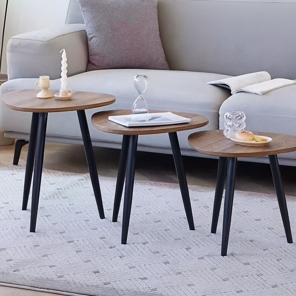 Modern Wooden Nesting Side Tables – Set of 3 with Black Metal Legs
