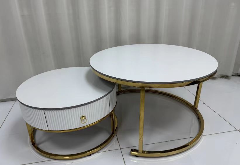2-Piece Nesting Coffee Table Set with Drawer – White & Gold