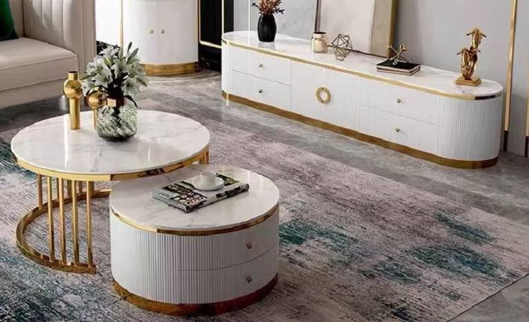 2-Piece Nesting Coffee Table Set with Drawers – White & Gold Marble Look