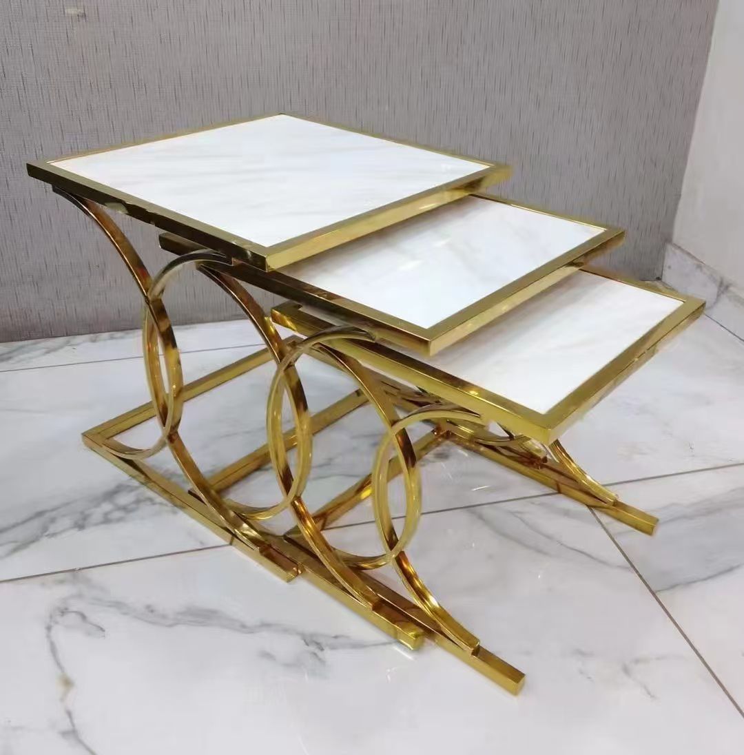 Elegant 3-Piece Nesting Side Table Set – Gold & White Marble Look