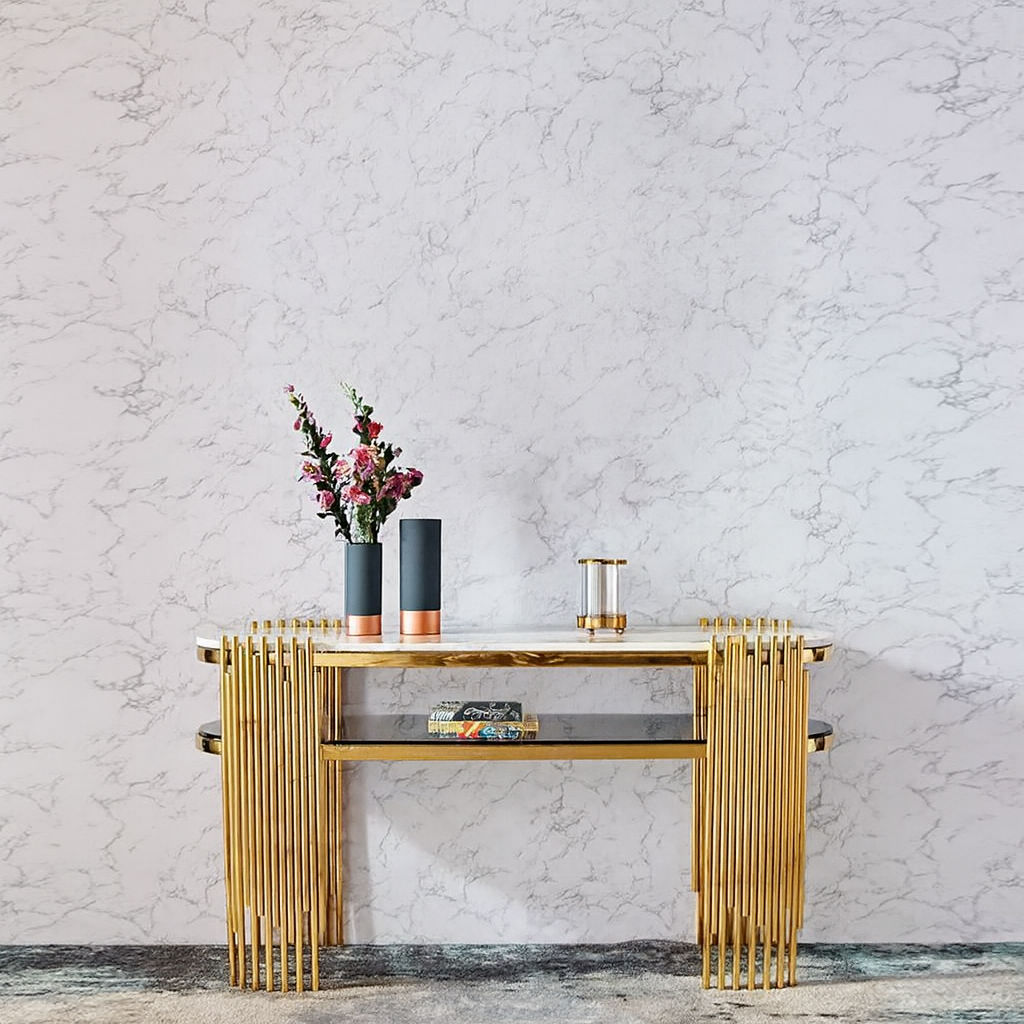 Luxury Modern Gold Stainless Steel & Marble Console Table – Elegant Entryway Accent