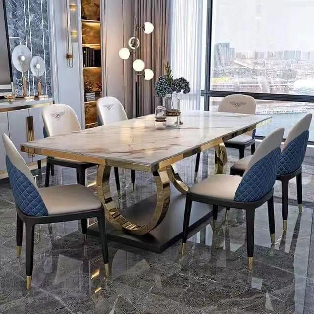 Luxury Marble Dining Table with Gold Stainless Steel Base – Modern 6-Seater