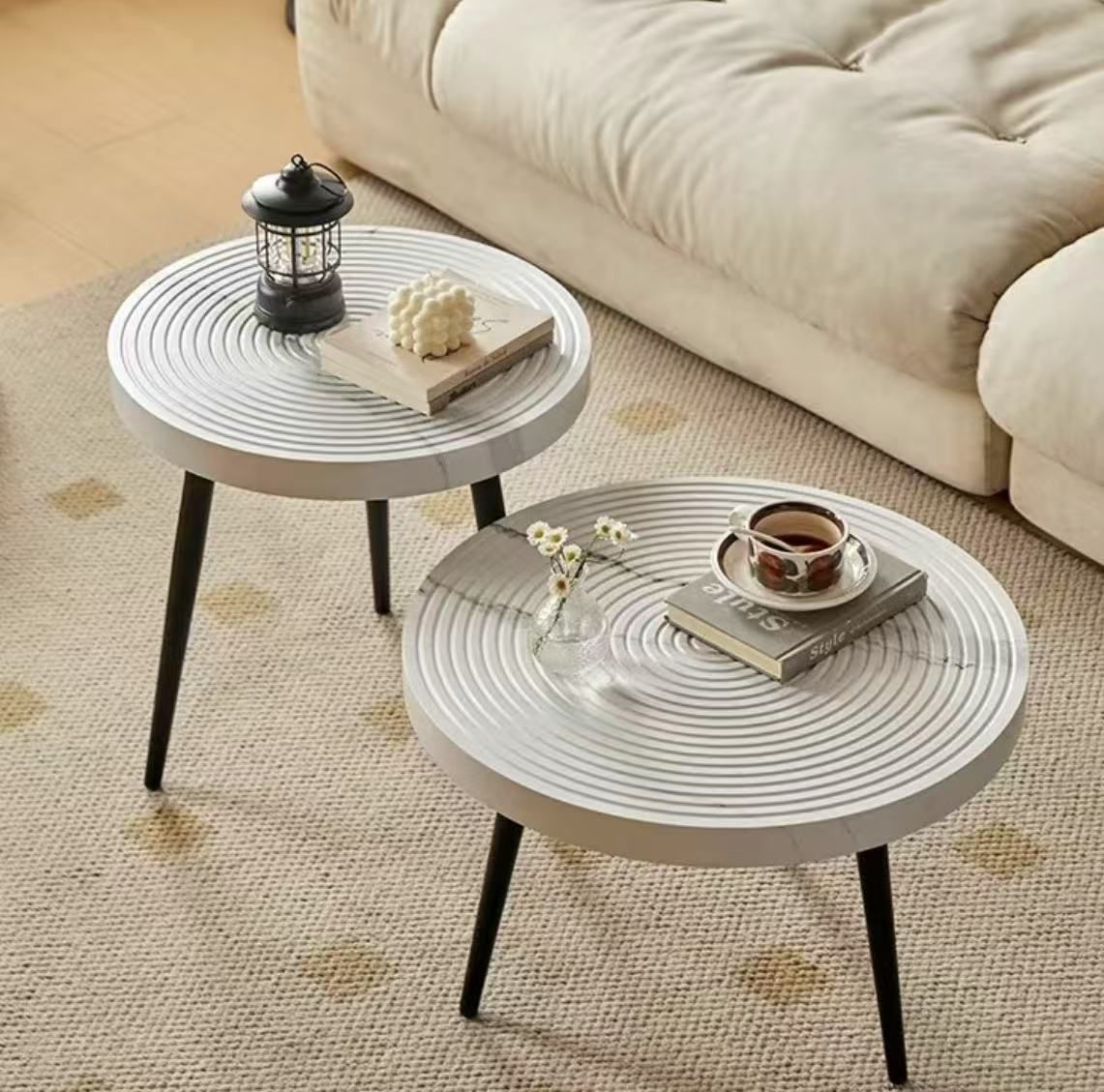Modern White Round Nesting Coffee Tables – Set of 2 with Black Metal Legs