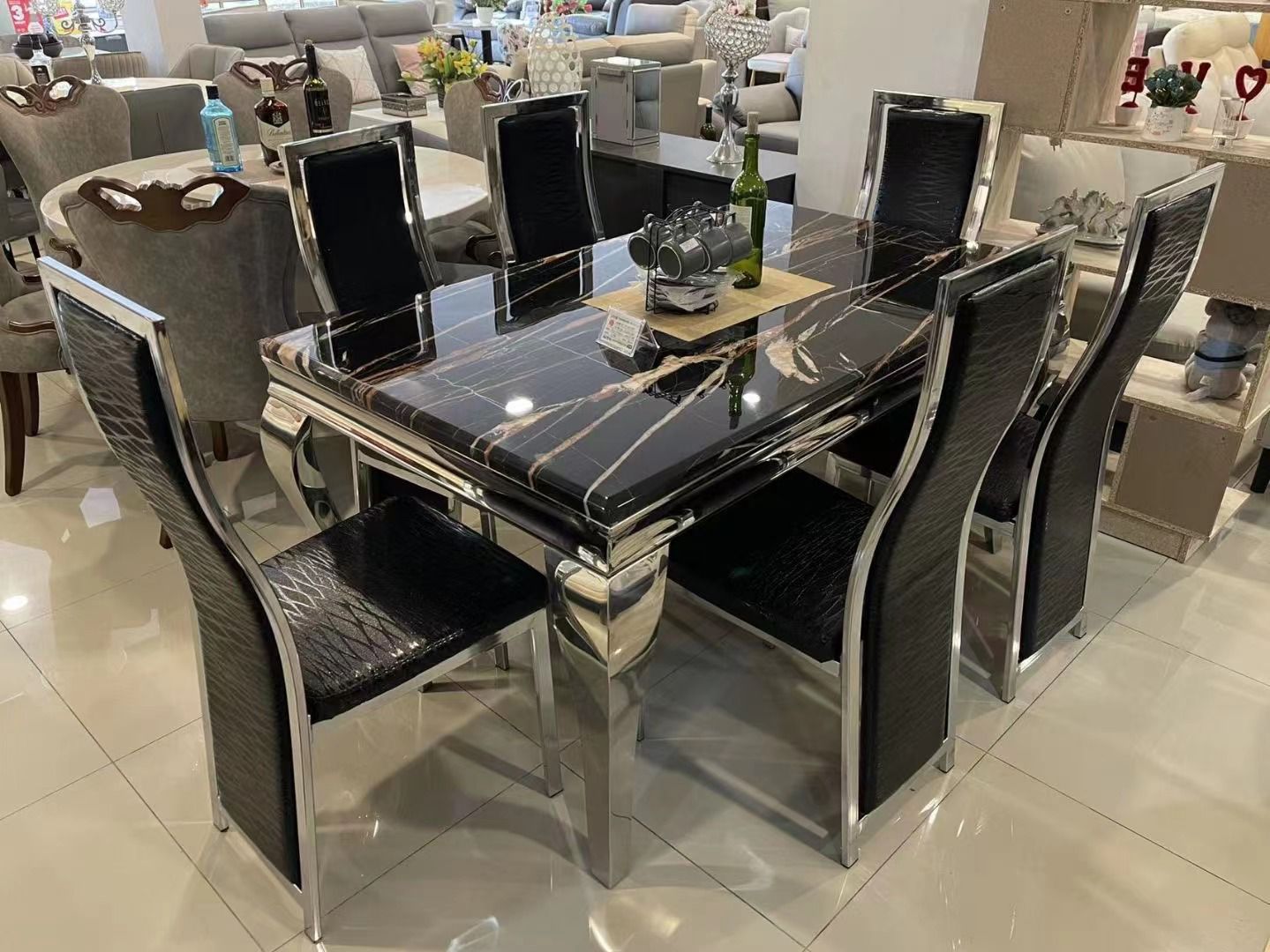 Luxury Black Marble Dining Table Set with 6 Modern High-Back Chairs – Chrome Finish