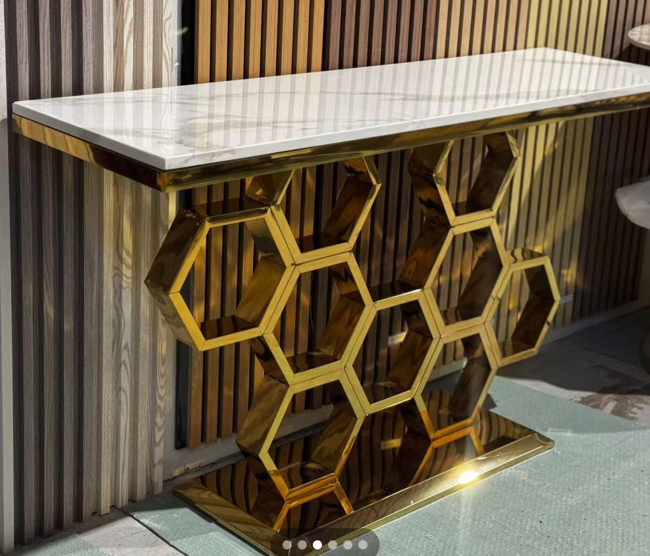 Luxury Gold Honeycomb Console Table with Marble Top