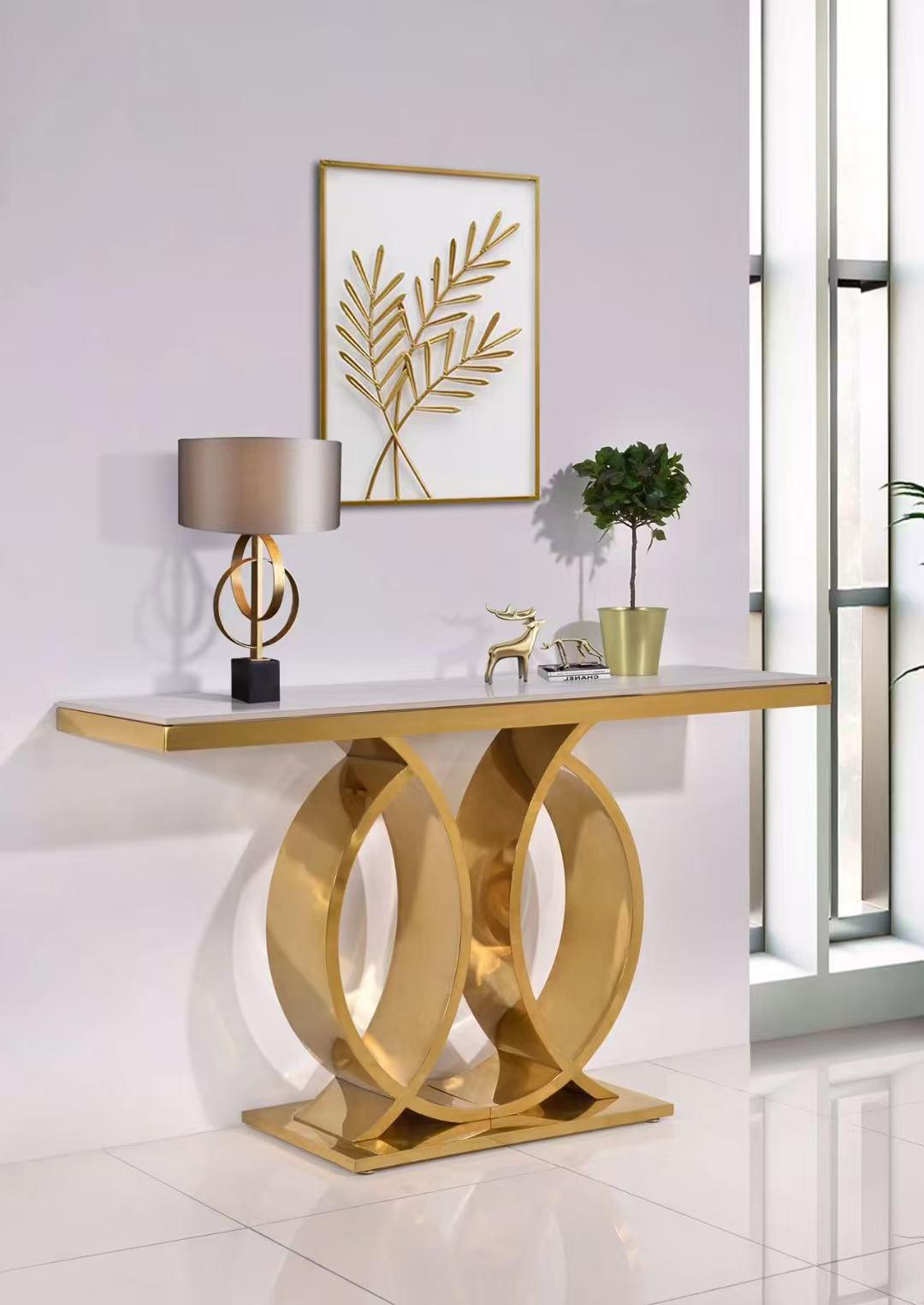 Modern Marble Console Table with Sculptural Gold Metal Base