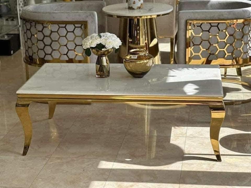Luxury White Marble & Gold Coffee Table – Elegant Living Room Centerpiece