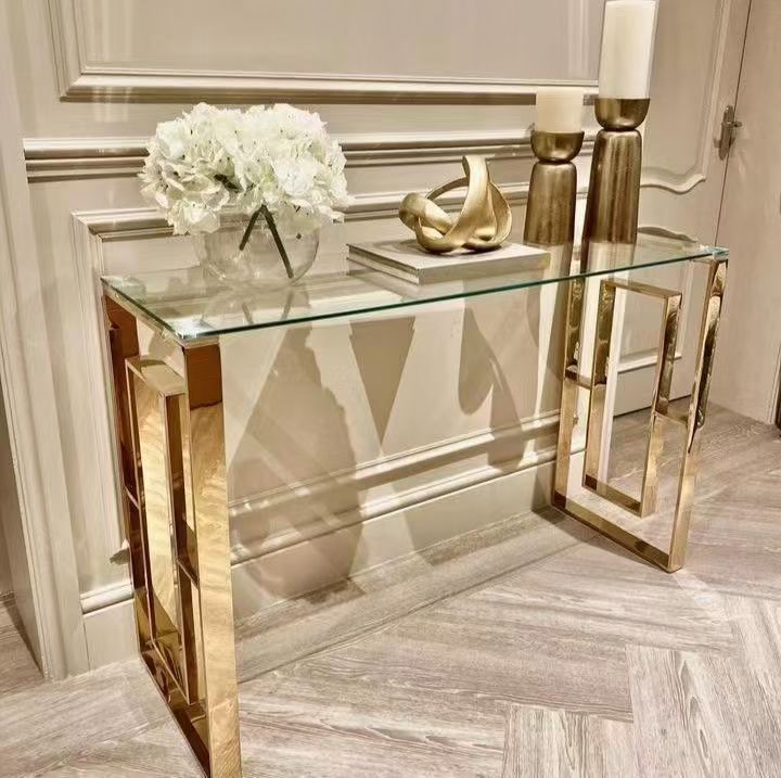 Modern Gold & Glass Console Table – Luxury Entrance Accent