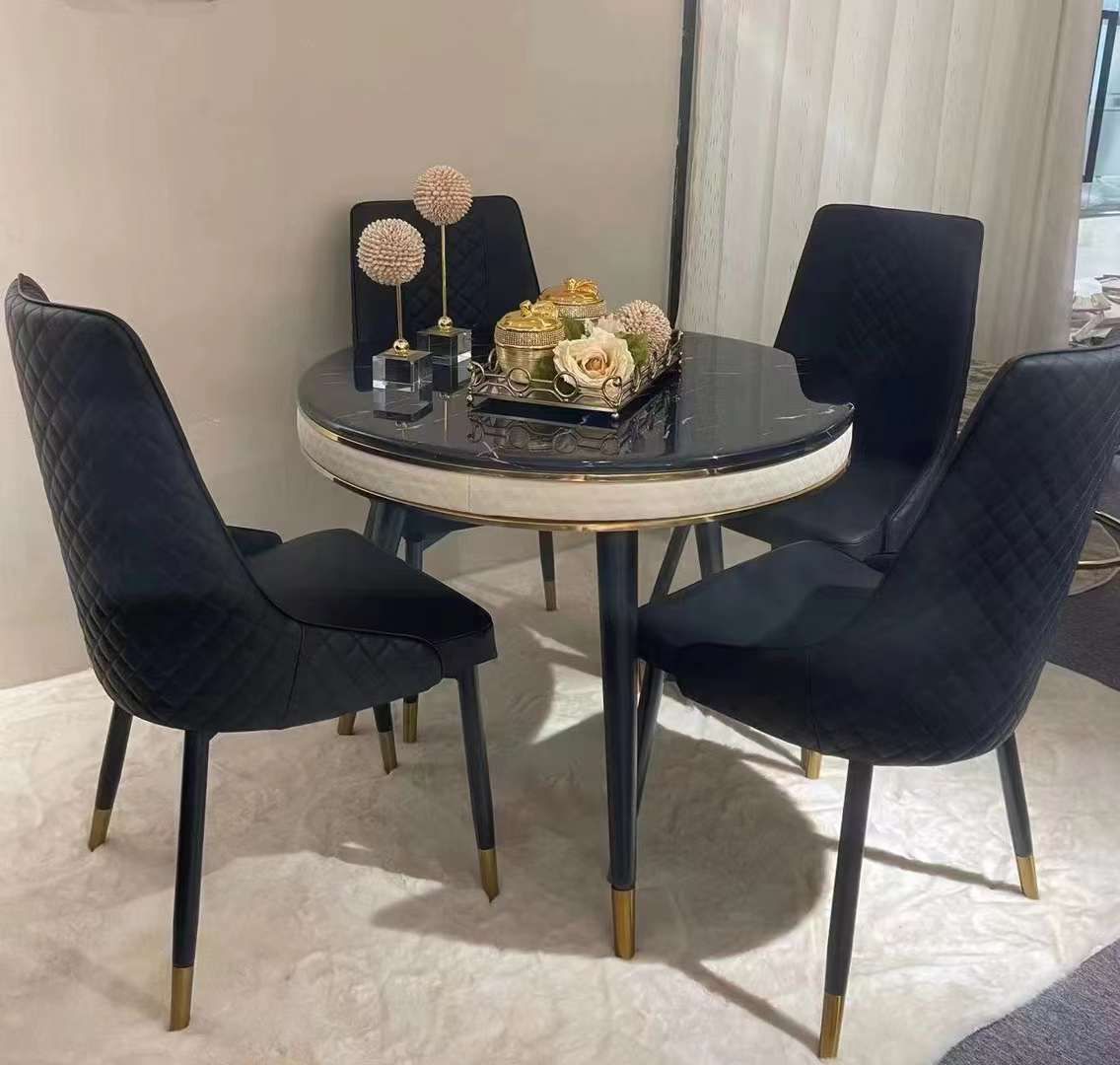 Modern Round Black Marble Dining Set with 4 Upholstered Chairs