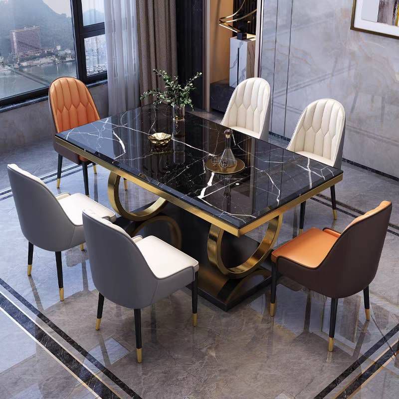 Luxury Modern Marble Dining Table Set with 6 Upholstered Chairs – Gold Accents