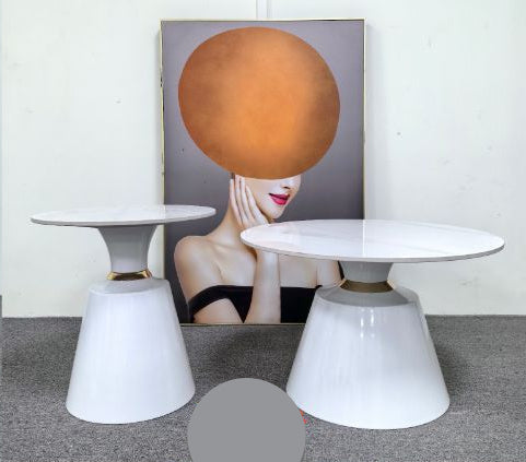 Modern White Marble & Metal Cone Base Coffee & Side Table Set – Luxury Living Room Furniture