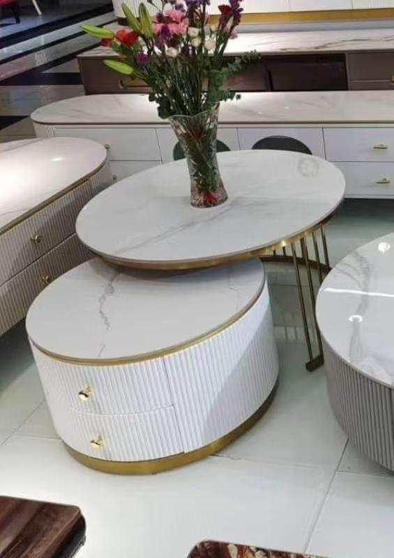 Luxury Modern Nesting Coffee Table with Storage – White & Gold Marble Finish