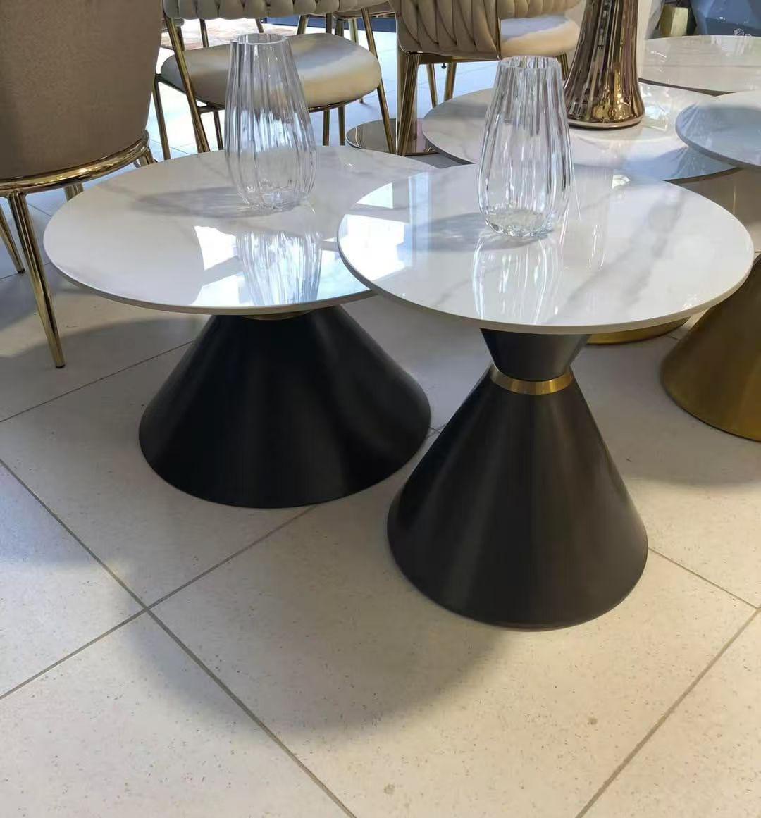 Modern Round Marble & Black Pedestal Coffee Table Set (2-Piece)