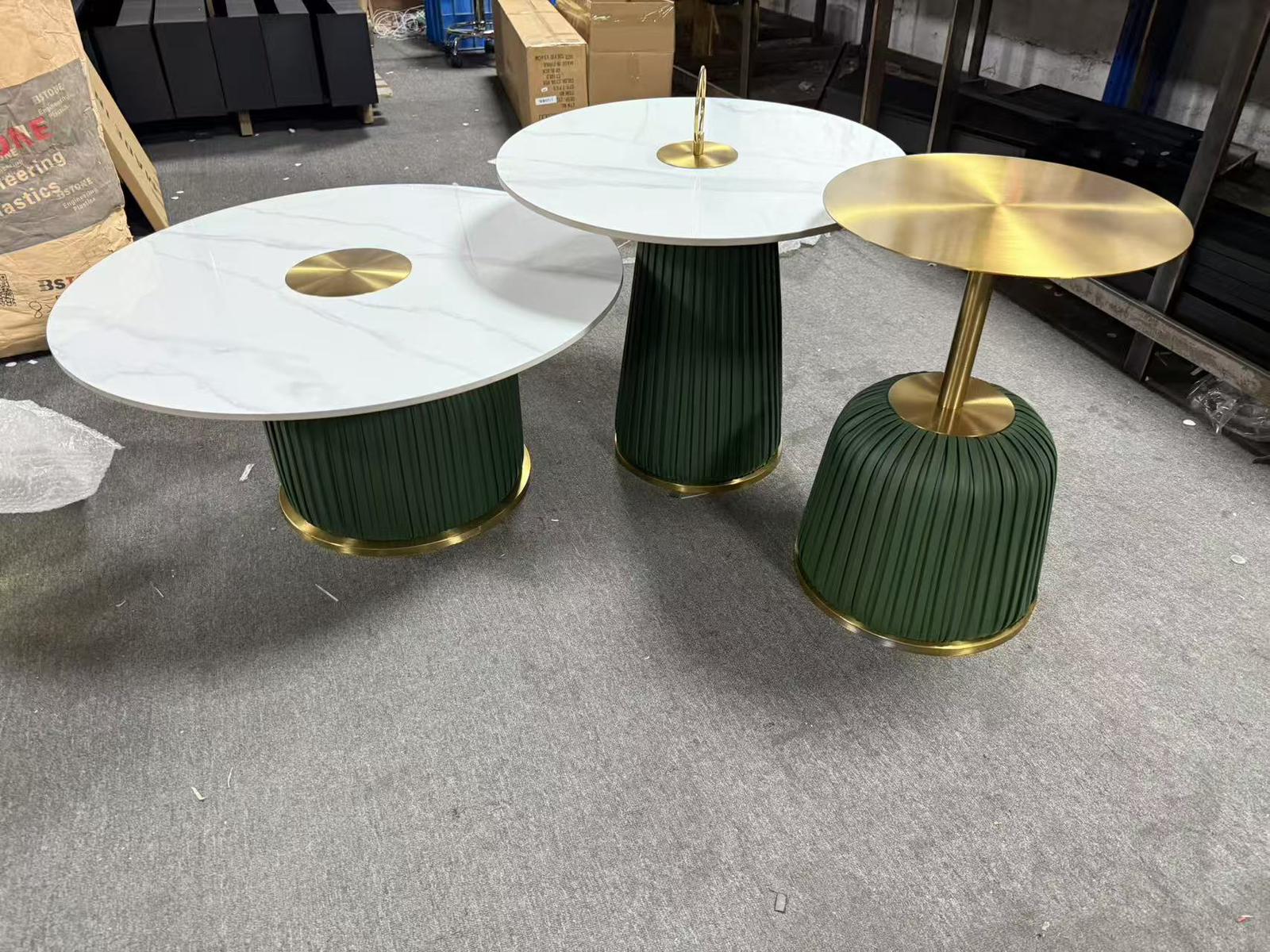 Modern Nesting Coffee Table Set – White Marble, Brass & Green Accent