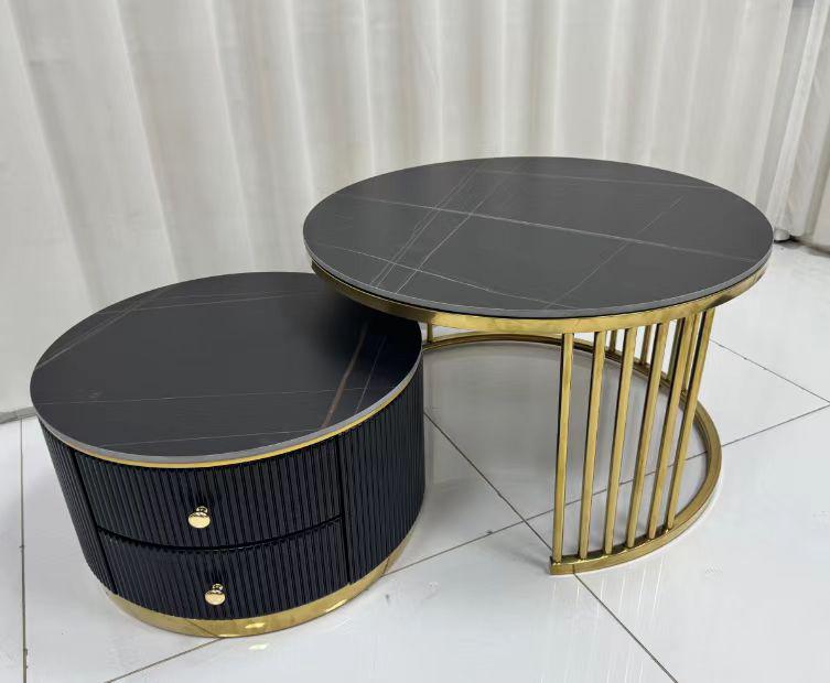 Luxury Modern Nesting Coffee Table Set – Black & Gold with Storage Drawers