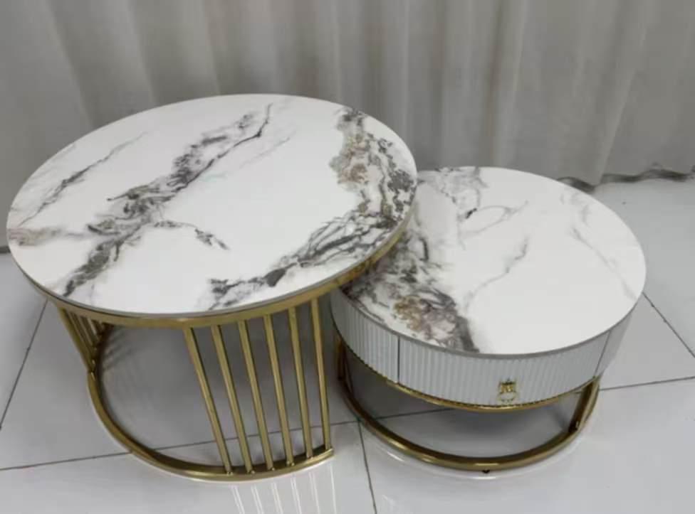 Modern Marble Nesting Coffee Table Set – White & Gold (2-Piece)