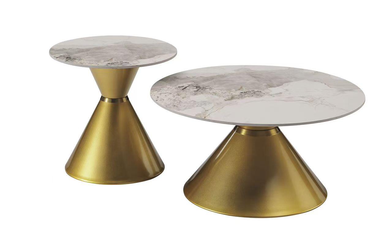 Modern Marble & Gold Cone Base Coffee Table Set (2-Piece)
