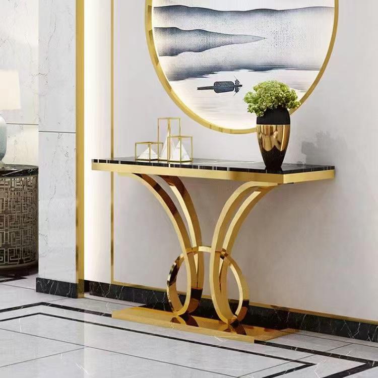 Modern Luxury Gold & Black Marble Console Table – Elegant Entryway Accent