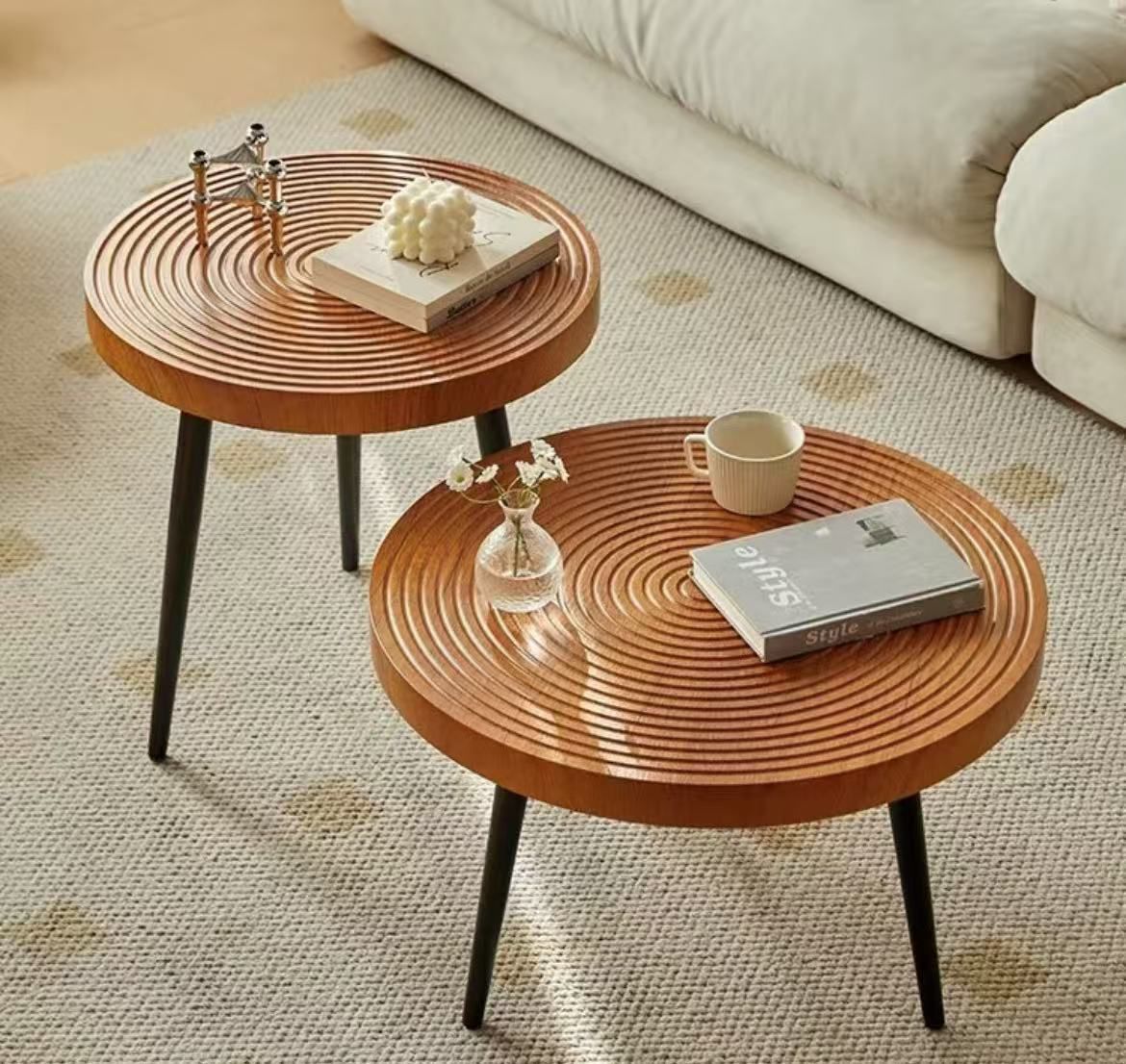 Rustic Brown Wooden Round Side Table with Black Legs