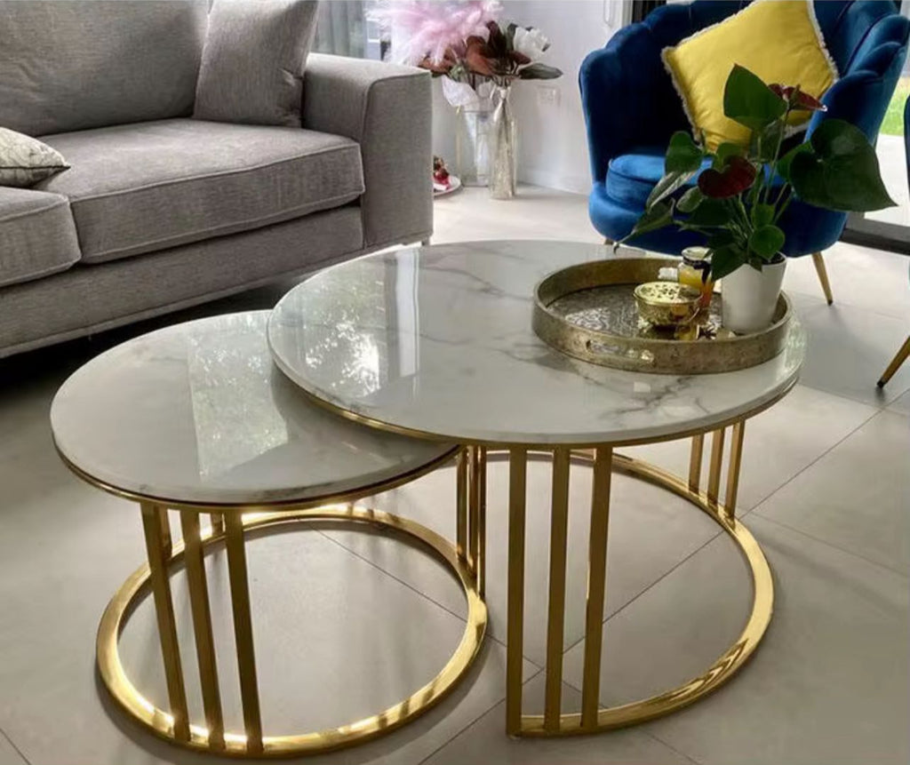 Modern Nesting Coffee Table Set – White Marble Top with Gold Metal Frame (2 Pieces)