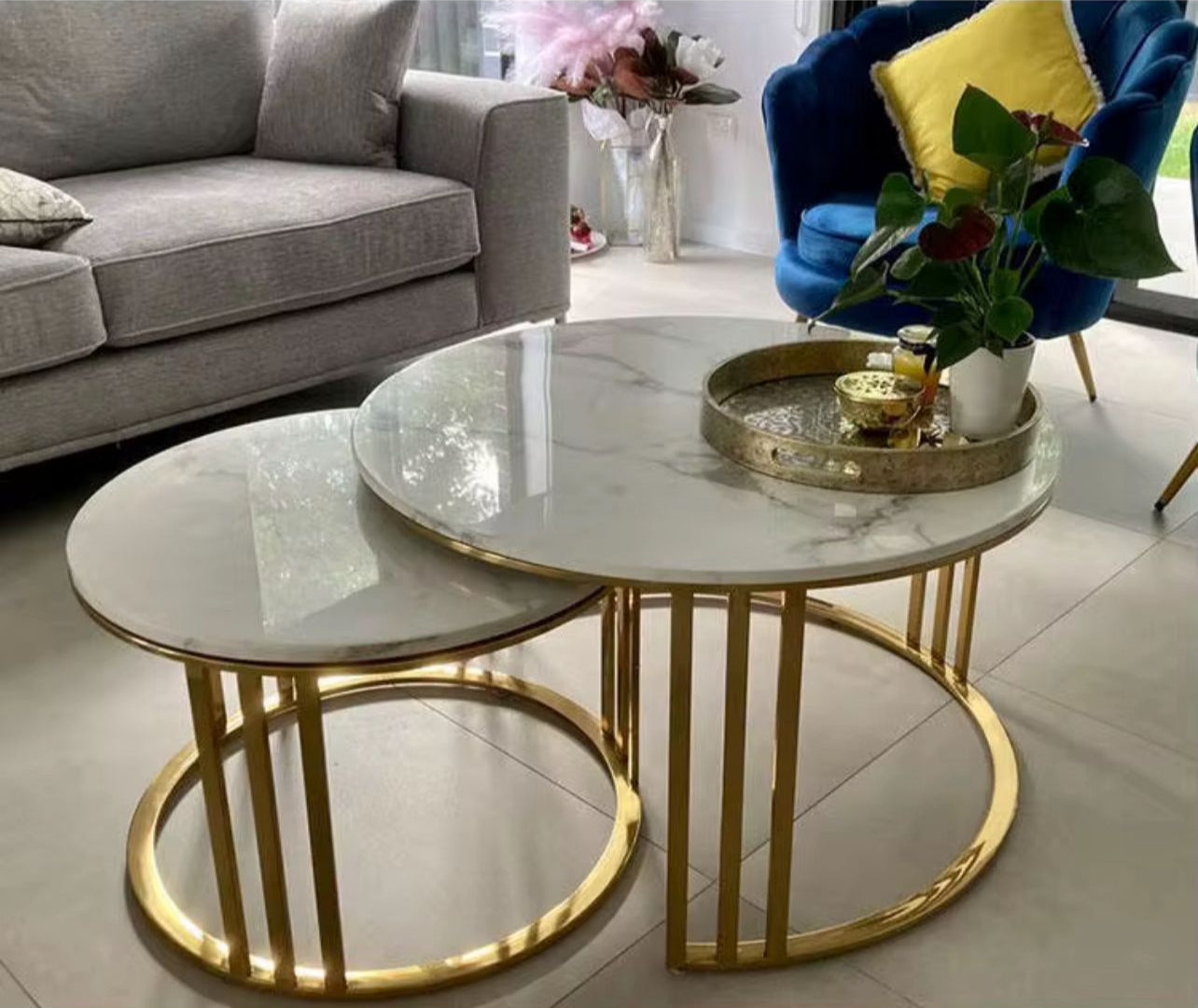 Modern Nesting Coffee Table Set – White Marble Top with Gold Metal Frame (2 Pieces)