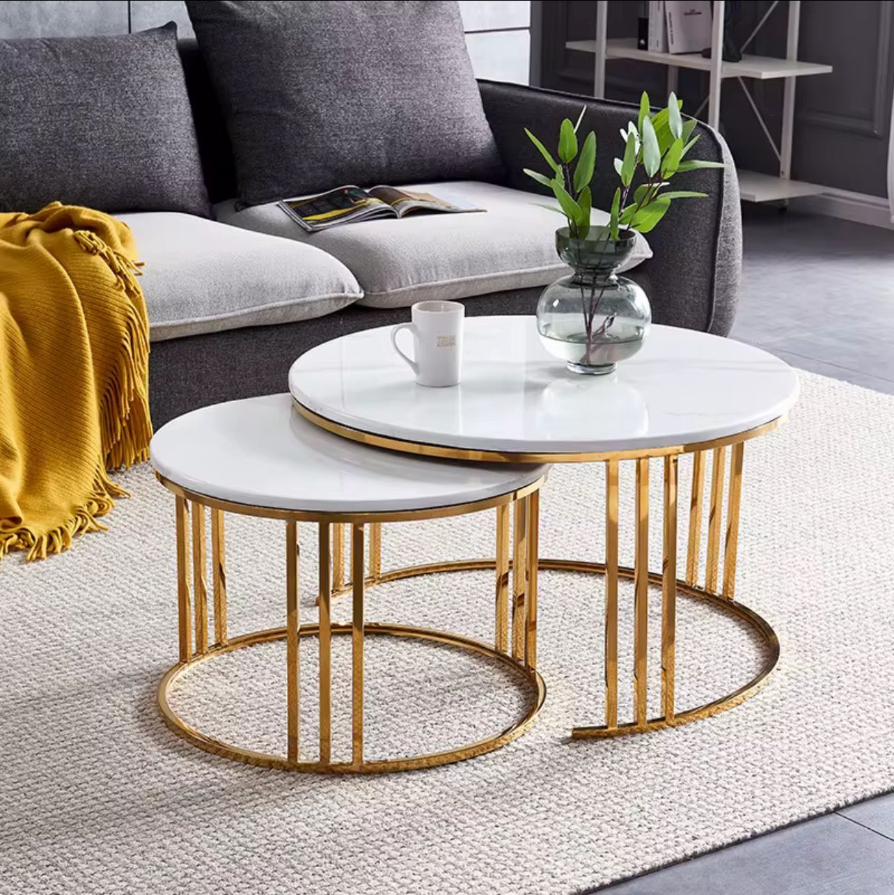 Modern Nesting Coffee Table Set – White Marble Top with Gold Metal Frame (2 Pieces)