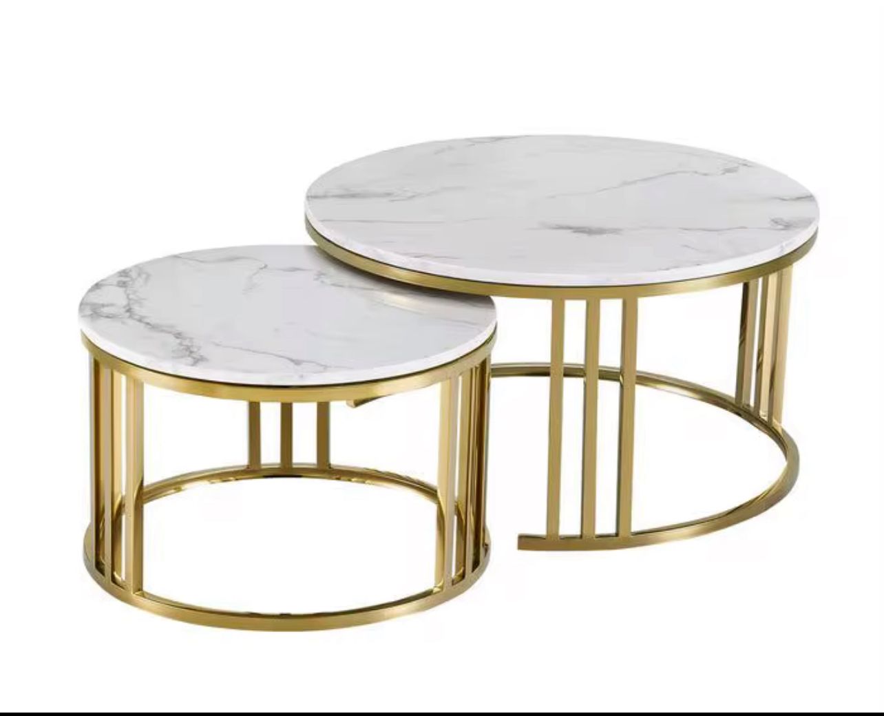 Modern Nesting Coffee Table Set – White Marble Top with Gold Metal Frame (2 Pieces)