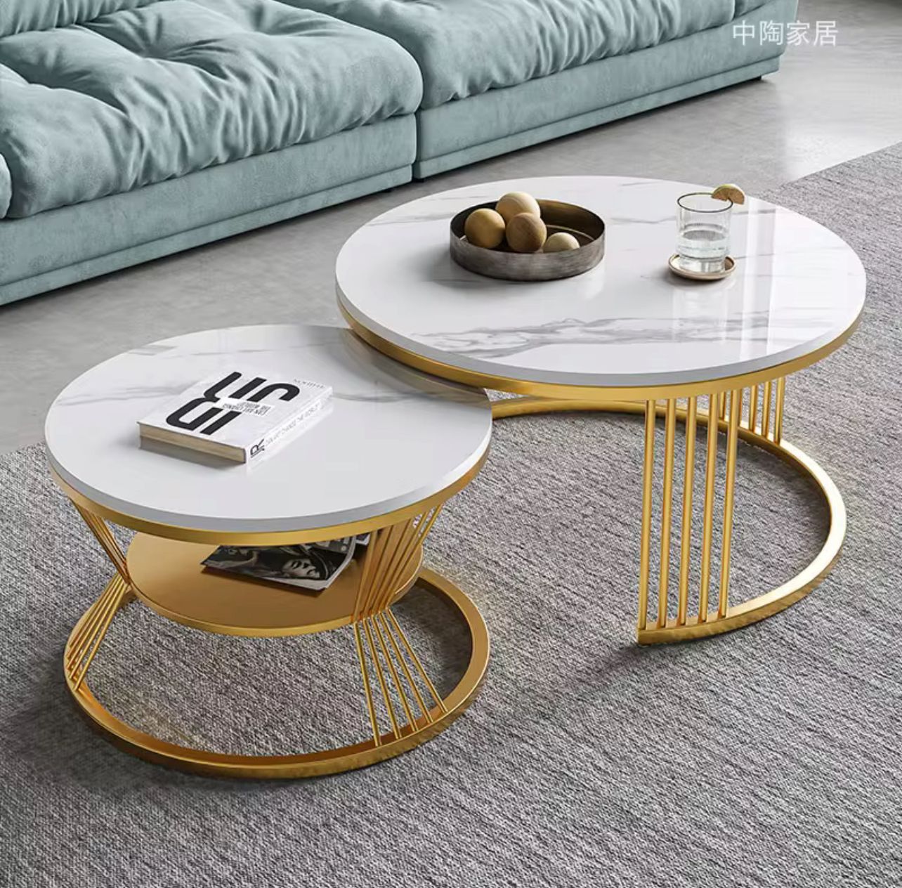 Modern Marble Nesting Coffee Table Set with Gold Metal Base (2-Piece)