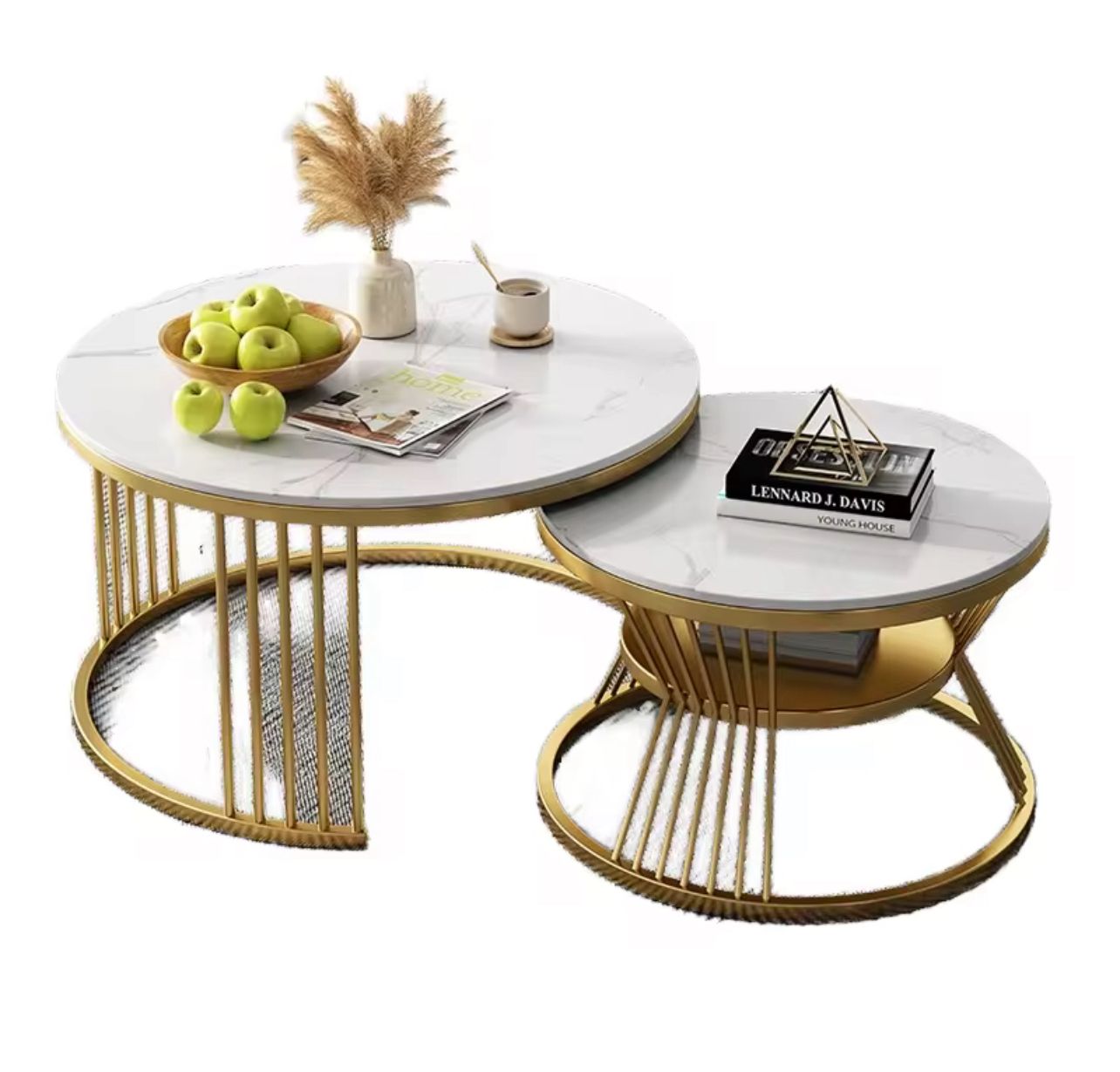 Modern Marble Nesting Coffee Table Set with Gold Metal Base (2-Piece)