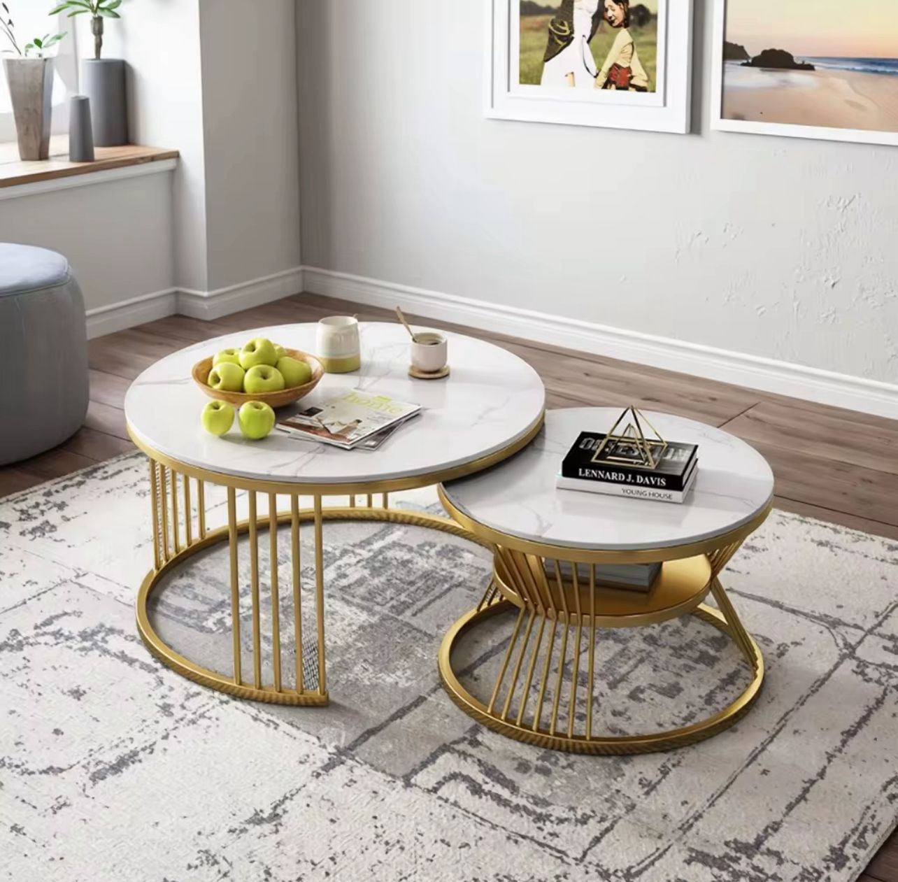 Modern Marble Nesting Coffee Table Set with Gold Metal Base (2-Piece)