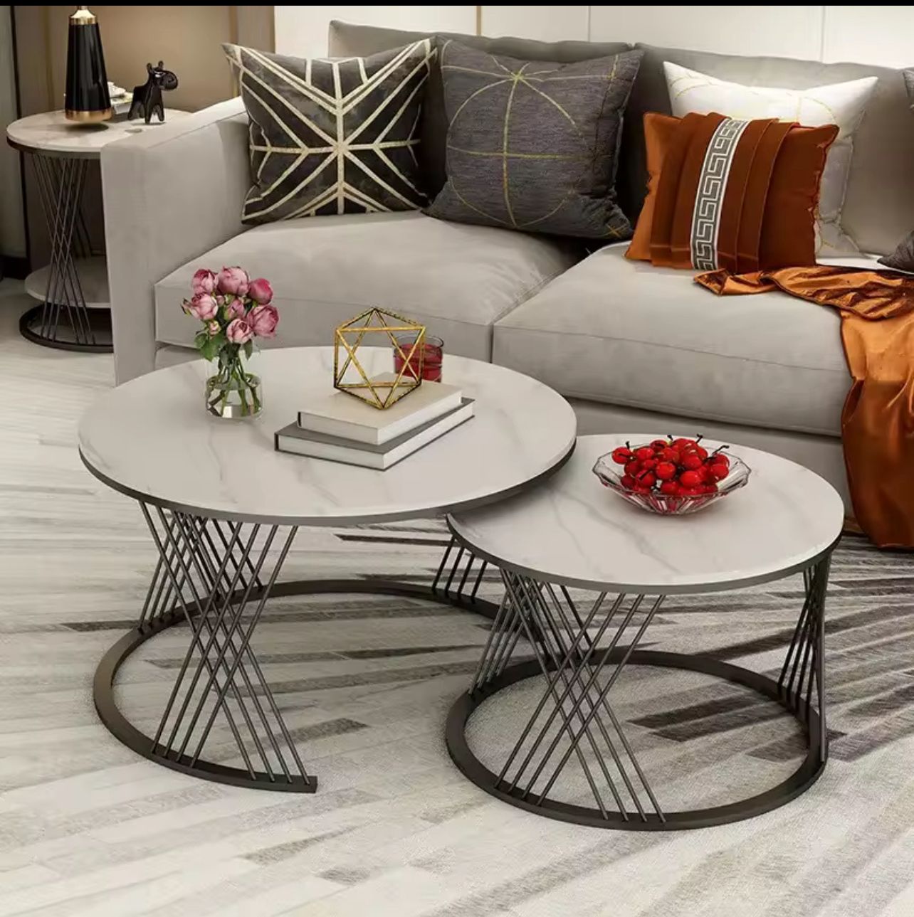Modern Nesting Coffee Table Set – White Marble Top with Black Metal Base (2-Piece)