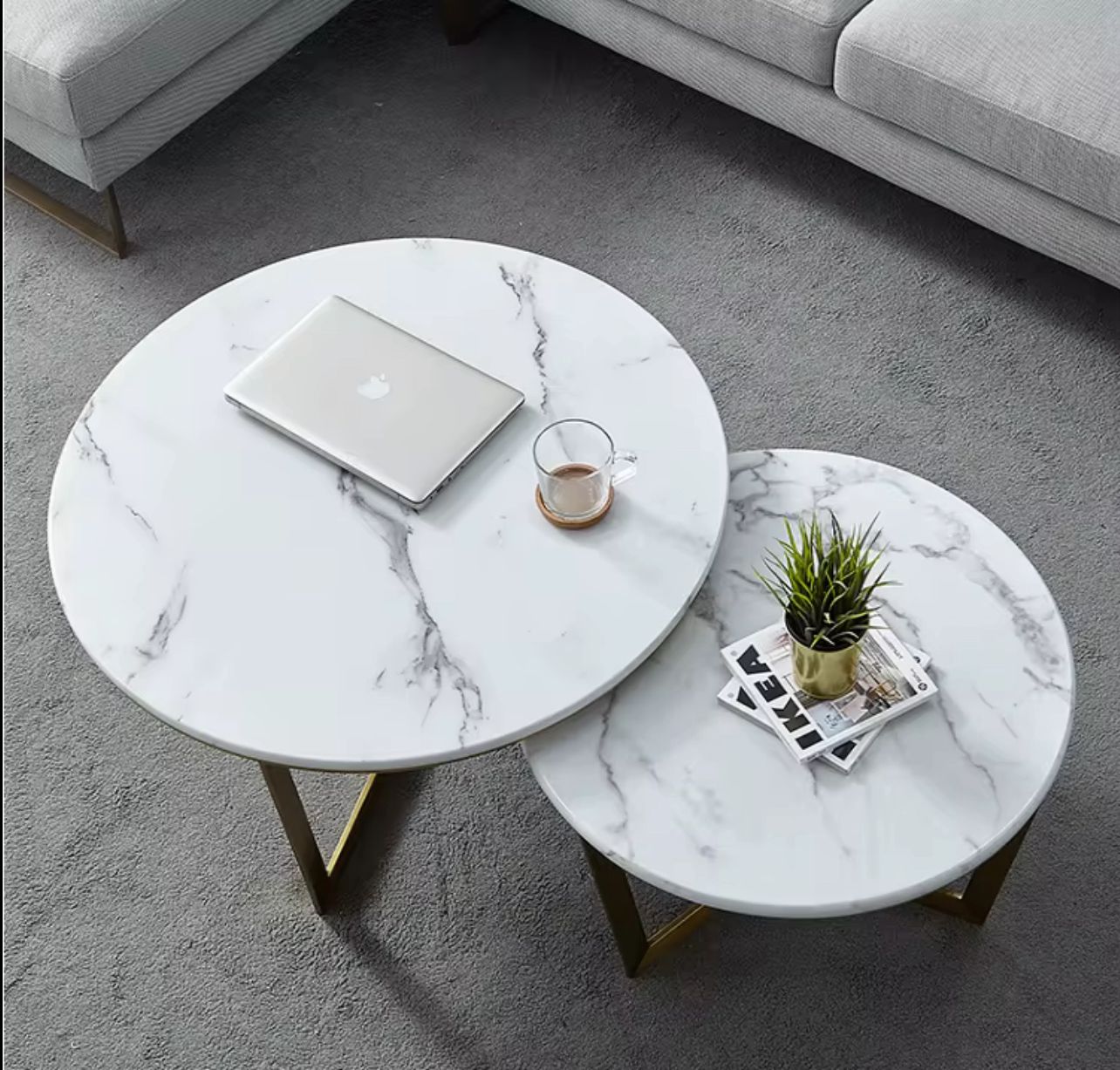 Modern Nesting Coffee Tables – White Marble Top with Gold Metal Base (Set of 2)