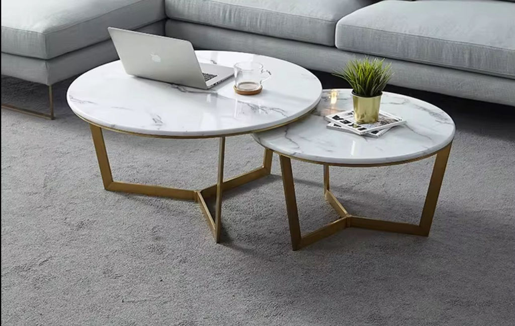 Modern Nesting Coffee Tables – White Marble Top with Gold Metal Base (Set of 2)