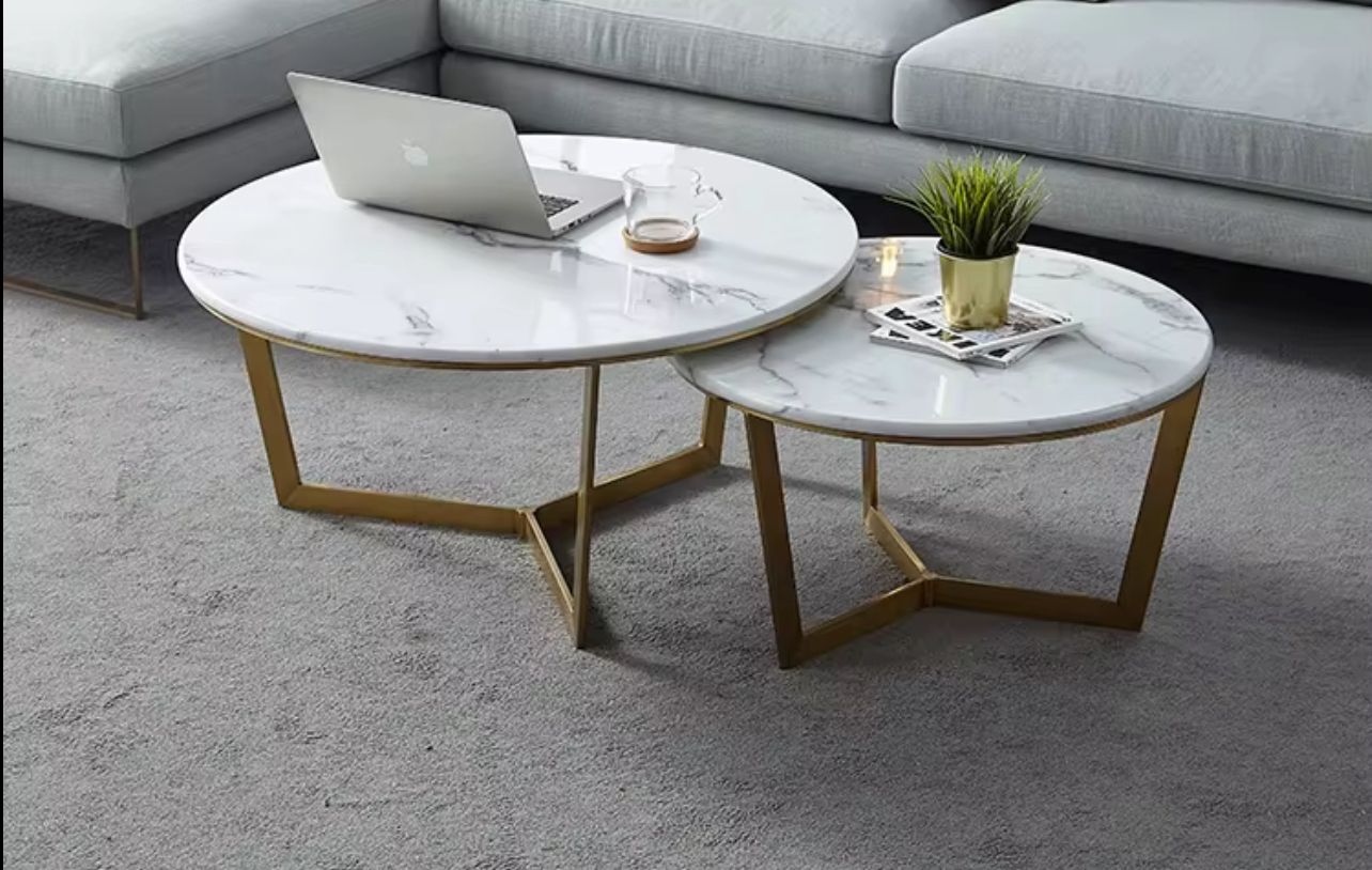 Modern Nesting Coffee Tables – White Marble Top with Gold Metal Base (Set of 2)