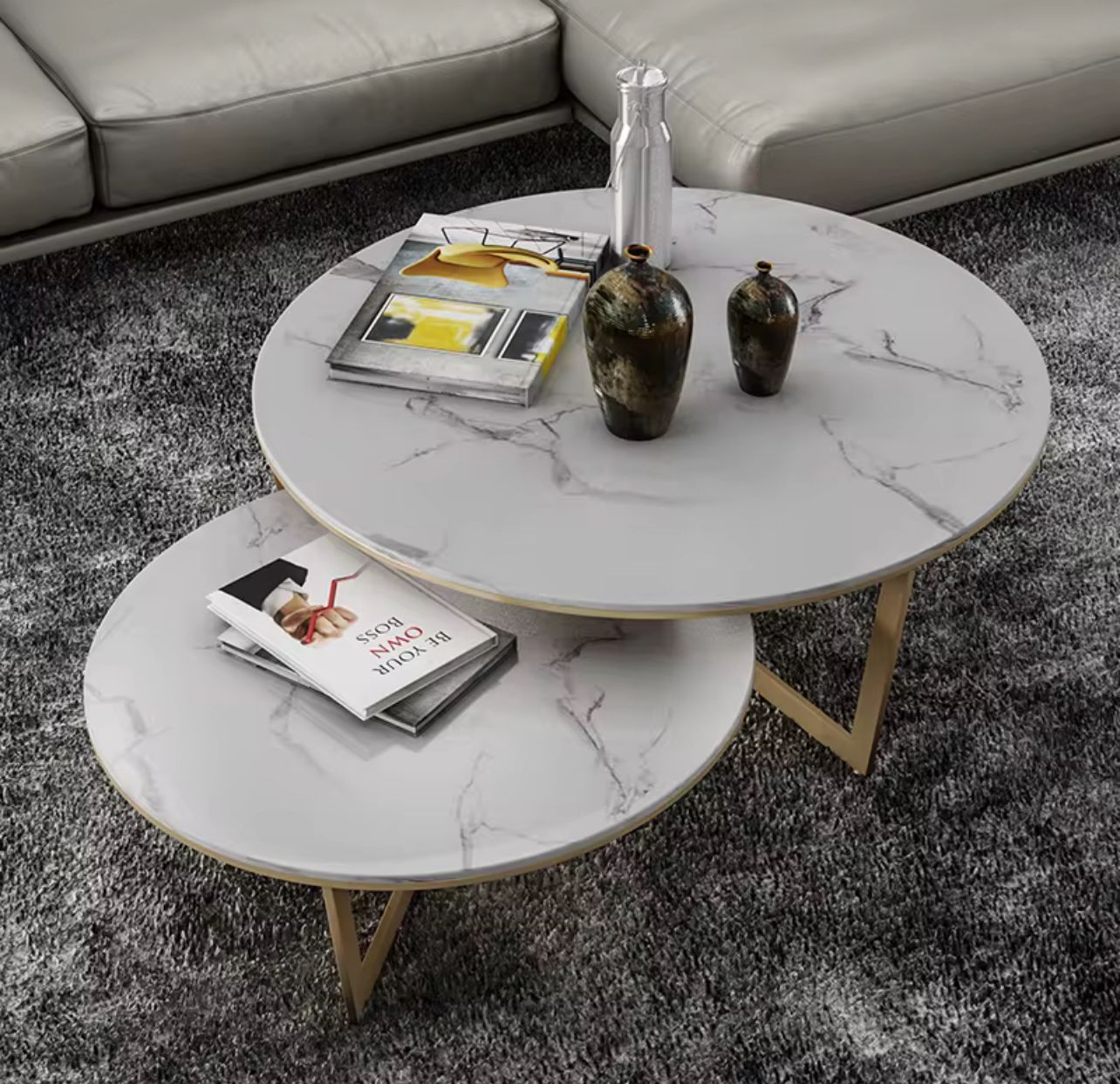 Modern Nesting Coffee Tables – White Marble Top with Gold Metal Base (Set of 2)