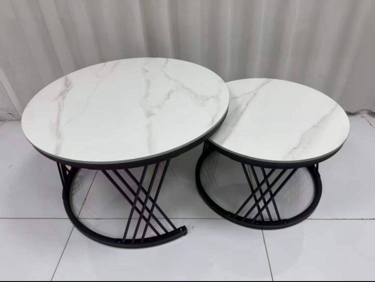 Modern Nesting Coffee Table Set – White Marble Top with Black Metal Base (2-Piece)