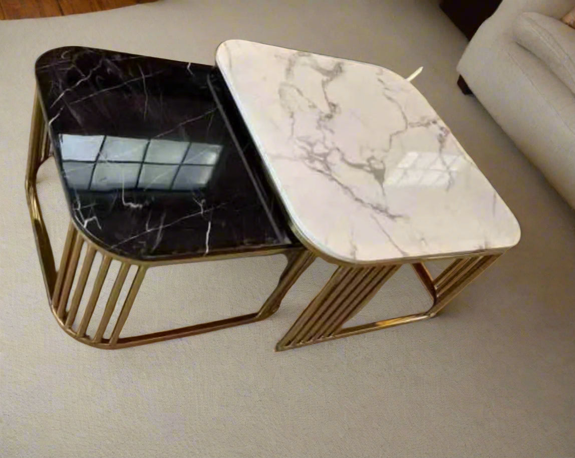Modern Nesting Coffee Tables – White & Black Marble with Gold Metal Base