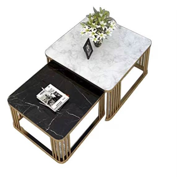 Modern Nesting Coffee Tables – White & Black Marble with Gold Metal Base