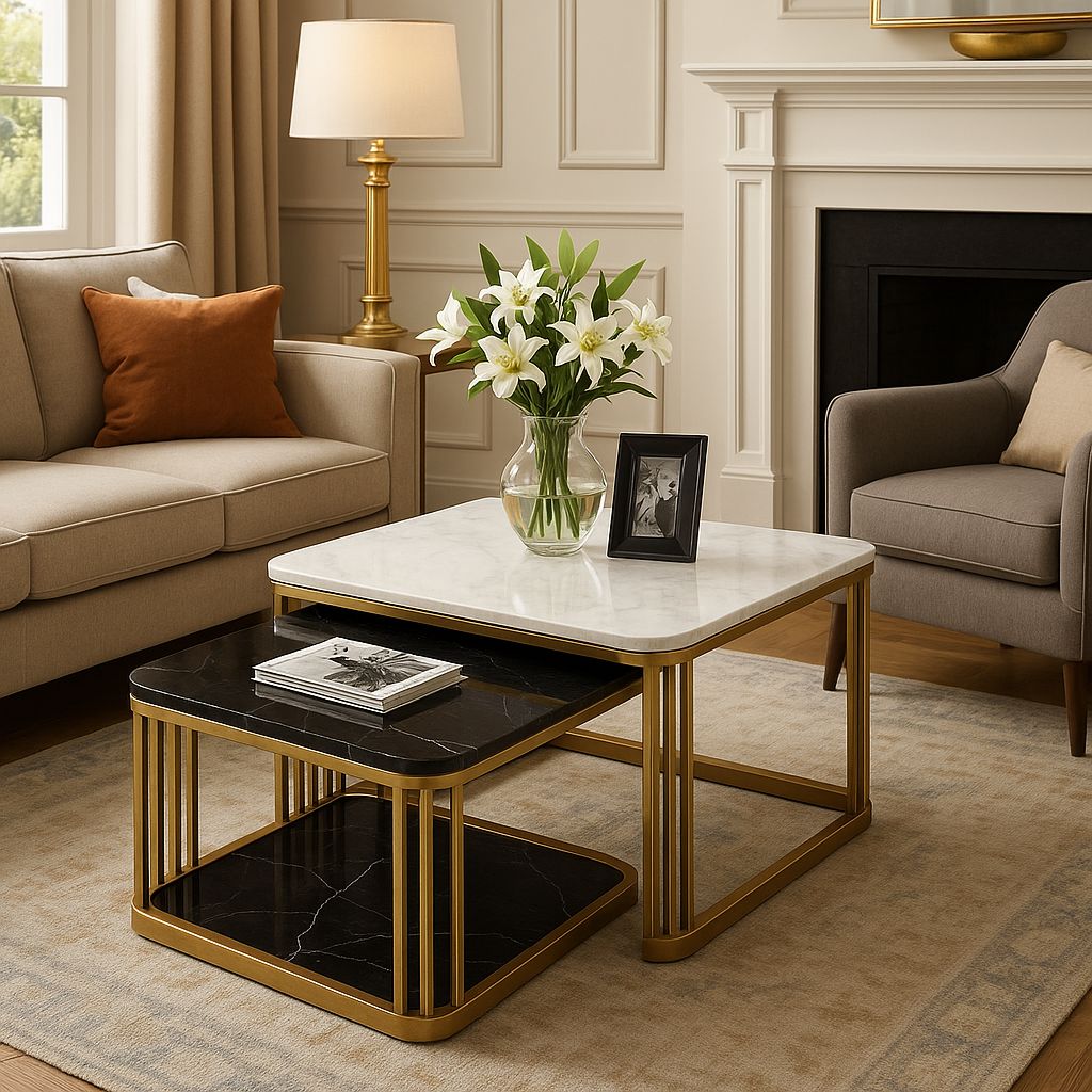 Modern Nesting Coffee Tables – White & Black Marble with Gold Metal Base